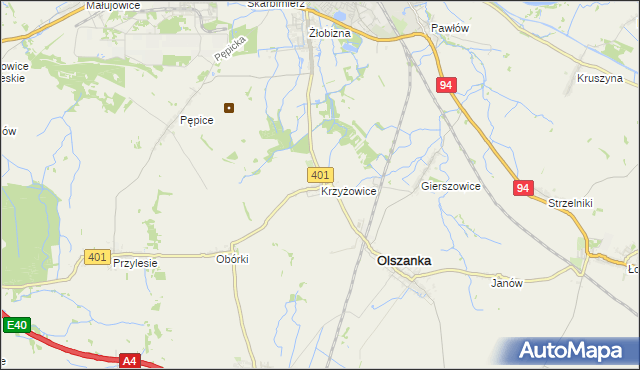 mapa Krzyżowice gmina Olszanka, Krzyżowice gmina Olszanka na mapie Targeo