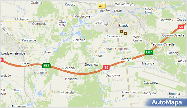 mapa Łopatki gmina Łask, Łopatki gmina Łask na mapie Targeo