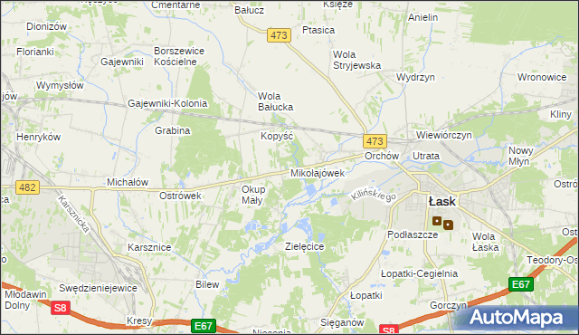 mapa Mikołajówek gmina Łask, Mikołajówek gmina Łask na mapie Targeo