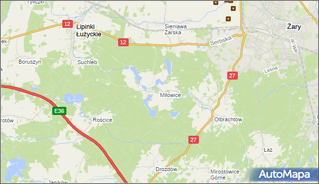 mapa Miłowice gmina Żary, Miłowice gmina Żary na mapie Targeo