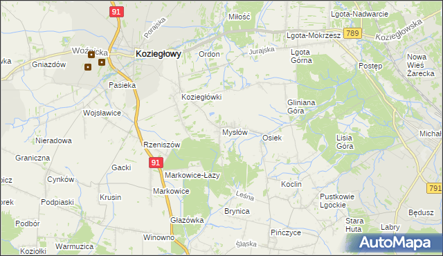 mapa Mysłów gmina Koziegłowy, Mysłów gmina Koziegłowy na mapie Targeo