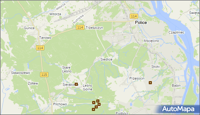 mapa Siedlice gmina Police, Siedlice gmina Police na mapie Targeo
