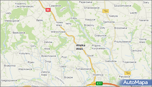 mapa Wielka Wieś powiat krakowski, Wielka Wieś powiat krakowski na mapie Targeo