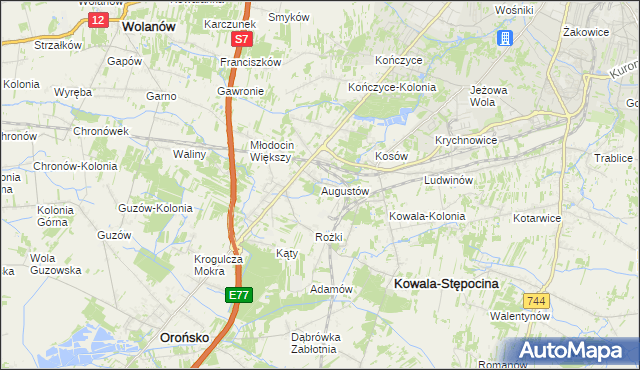 mapa Augustów gmina Kowala, Augustów gmina Kowala na mapie Targeo