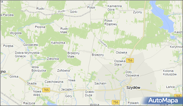 mapa Brzeziny gmina Szydłów, Brzeziny gmina Szydłów na mapie Targeo