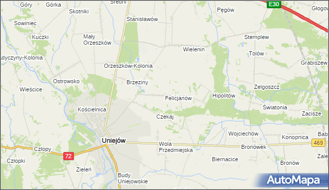 mapa Felicjanów gmina Uniejów, Felicjanów gmina Uniejów na mapie Targeo