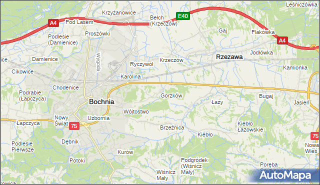 mapa Gorzków gmina Bochnia, Gorzków gmina Bochnia na mapie Targeo