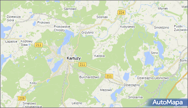 mapa Kaliska gmina Kartuzy, Kaliska gmina Kartuzy na mapie Targeo