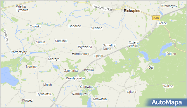 mapa Lipinki gmina Biskupiec, Lipinki gmina Biskupiec na mapie Targeo