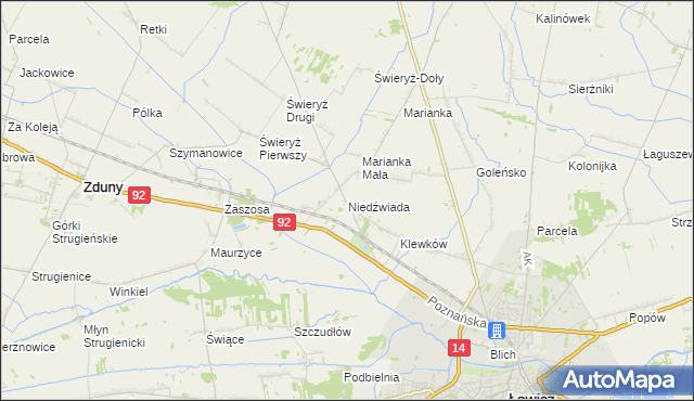 mapa Niedźwiada gmina Łowicz, Niedźwiada gmina Łowicz na mapie Targeo