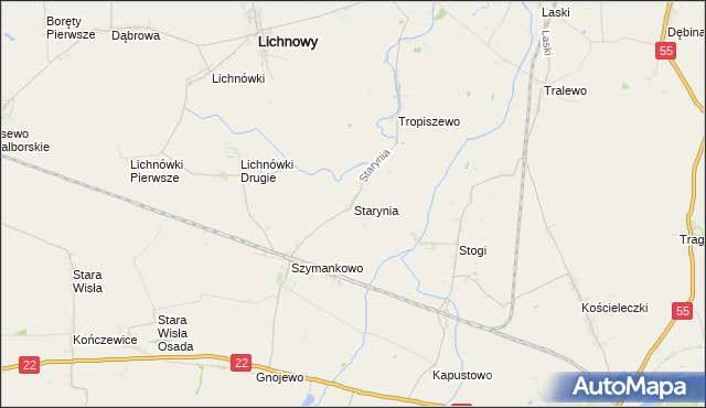mapa Starynia gmina Lichnowy, Starynia gmina Lichnowy na mapie Targeo