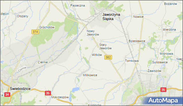 mapa Witków gmina Jaworzyna Śląska, Witków gmina Jaworzyna Śląska na mapie Targeo