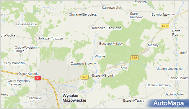 mapa Wróble gmina Wysokie Mazowieckie, Wróble gmina Wysokie Mazowieckie na mapie Targeo
