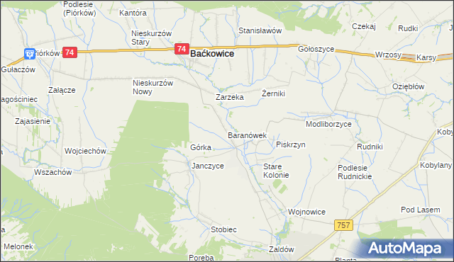 mapa Baranówek gmina Baćkowice, Baranówek gmina Baćkowice na mapie Targeo