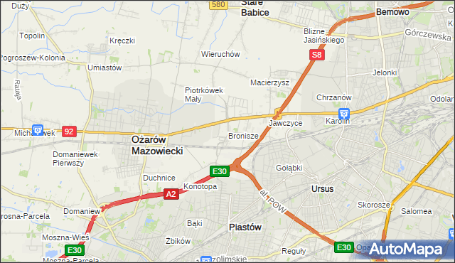 mapa Bronisze gmina Ożarów Mazowiecki, Bronisze gmina Ożarów Mazowiecki na mapie Targeo