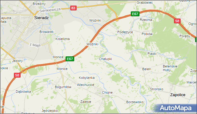 mapa Chałupki gmina Sieradz, Chałupki gmina Sieradz na mapie Targeo