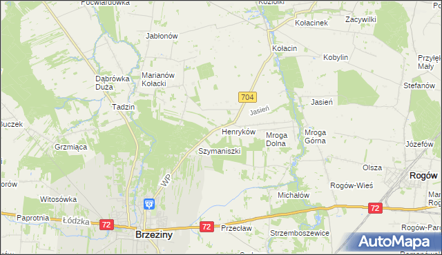 mapa Henryków gmina Brzeziny, Henryków gmina Brzeziny na mapie Targeo