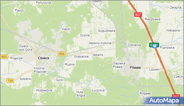 mapa Jaźwiny gmina Pilawa, Jaźwiny gmina Pilawa na mapie Targeo