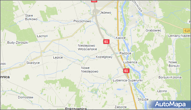 mapa Koziegłowy gmina Pokrzywnica, Koziegłowy gmina Pokrzywnica na mapie Targeo