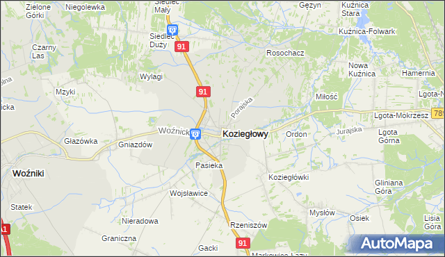 mapa Koziegłowy powiat myszkowski, Koziegłowy powiat myszkowski na mapie Targeo