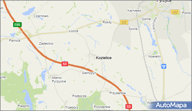 mapa Kozielice powiat pyrzycki, Kozielice powiat pyrzycki na mapie Targeo