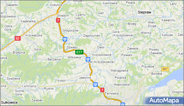 mapa Krzyszkowice gmina Myślenice, Krzyszkowice gmina Myślenice na mapie Targeo