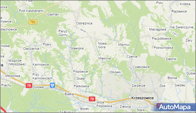 mapa Miękinia gmina Krzeszowice, Miękinia gmina Krzeszowice na mapie Targeo