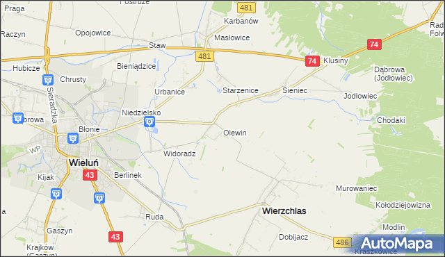 mapa Olewin gmina Wieluń, Olewin gmina Wieluń na mapie Targeo