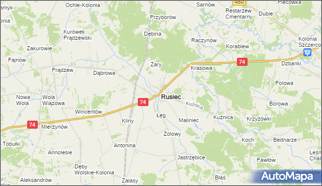 mapa Rusiec powiat bełchatowski, Rusiec powiat bełchatowski na mapie Targeo