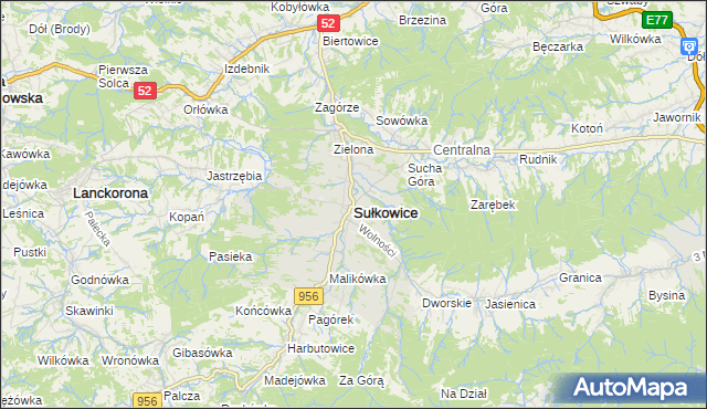 mapa Sułkowice powiat myślenicki, Sułkowice powiat myślenicki na mapie Targeo