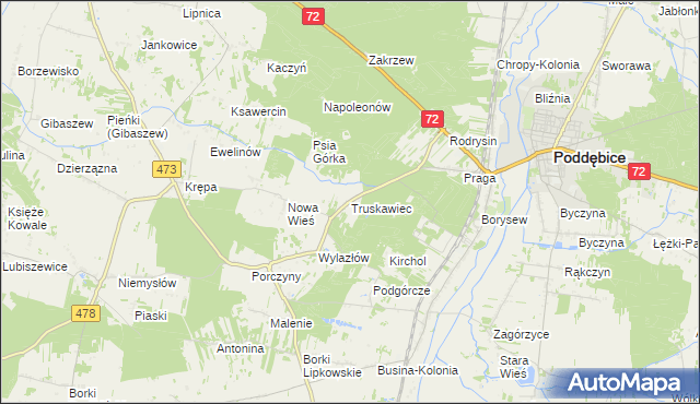 mapa Truskawiec gmina Poddębice, Truskawiec gmina Poddębice na mapie Targeo