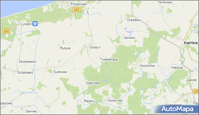 mapa Trzebieradz gmina Świerzno, Trzebieradz gmina Świerzno na mapie Targeo
