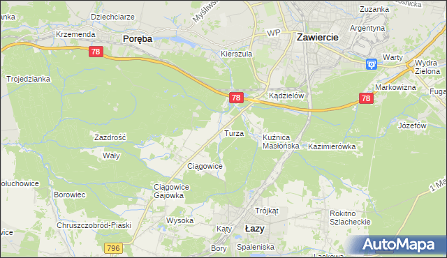 mapa Turza gmina Łazy, Turza gmina Łazy na mapie Targeo