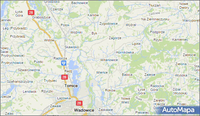 mapa Witanowice gmina Tomice, Witanowice gmina Tomice na mapie Targeo