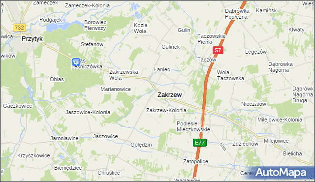 mapa Zakrzew powiat radomski, Zakrzew powiat radomski na mapie Targeo