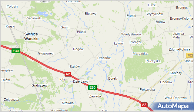 mapa Drozdów gmina Świnice Warckie, Drozdów gmina Świnice Warckie na mapie Targeo