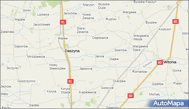 mapa Janice gmina Daszyna, Janice gmina Daszyna na mapie Targeo