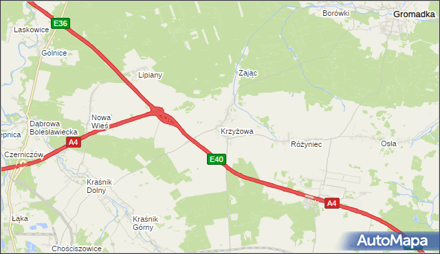 mapa Krzyżowa gmina Gromadka, Krzyżowa gmina Gromadka na mapie Targeo