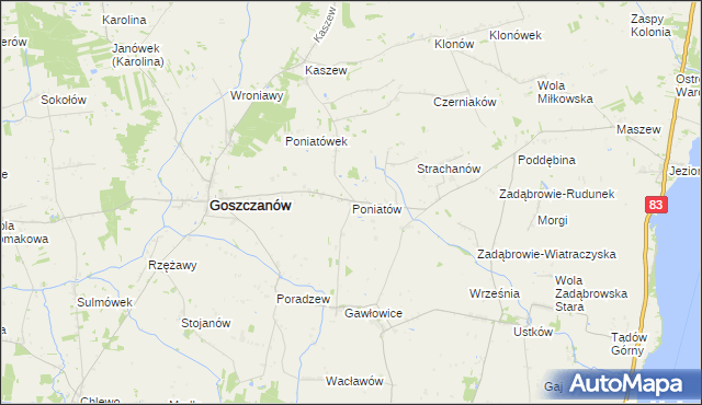 mapa Poniatów gmina Goszczanów, Poniatów gmina Goszczanów na mapie Targeo