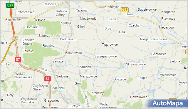 mapa Szczepanowice gmina Słomniki, Szczepanowice gmina Słomniki na mapie Targeo