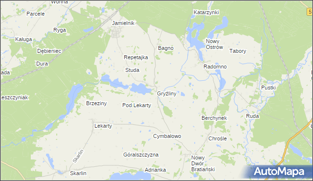 mapa Gryźliny gmina Nowe Miasto Lubawskie, Gryźliny gmina Nowe Miasto Lubawskie na mapie Targeo