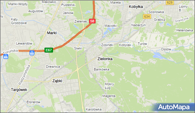 mapa Zielonka powiat wołomiński, Zielonka powiat wołomiński na mapie Targeo