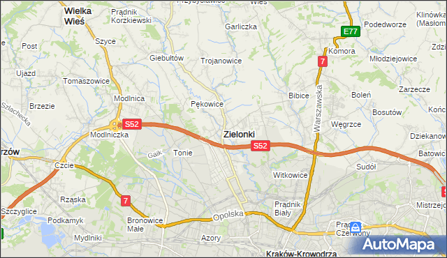 mapa Zielonki powiat krakowski, Zielonki powiat krakowski na mapie Targeo