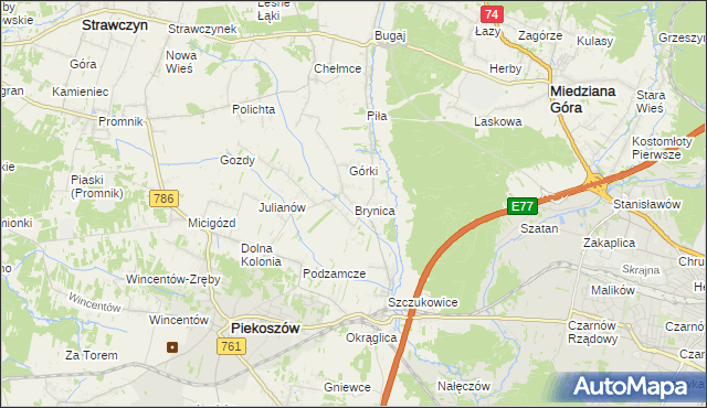 mapa Brynica gmina Piekoszów, Brynica gmina Piekoszów na mapie Targeo