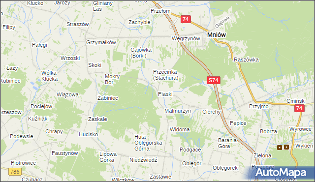 mapa Piaski gmina Mniów, Piaski gmina Mniów na mapie Targeo