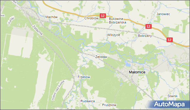 mapa Żelisław gmina Małomice, Żelisław gmina Małomice na mapie Targeo