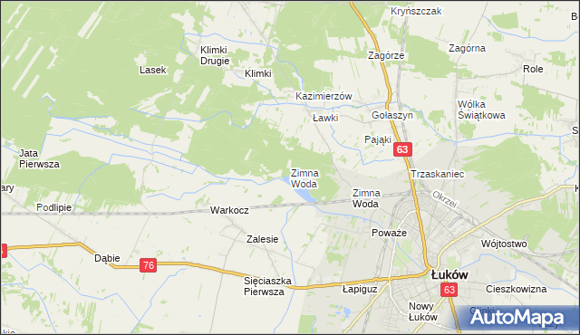 mapa Zimna Woda gmina Łuków, Zimna Woda gmina Łuków na mapie Targeo
