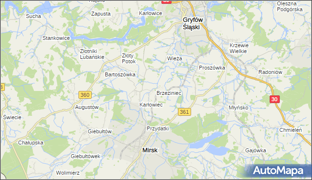 mapa Brzeziniec gmina Mirsk, Brzeziniec gmina Mirsk na mapie Targeo