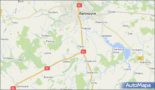 mapa Plęsy gmina Bartoszyce, Plęsy gmina Bartoszyce na mapie Targeo