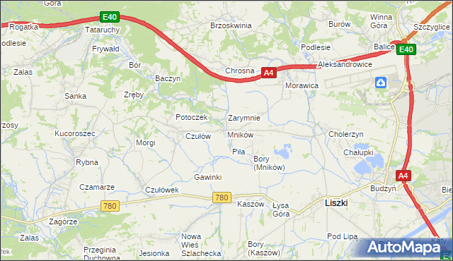 mapa Mników gmina Liszki, Mników gmina Liszki na mapie Targeo